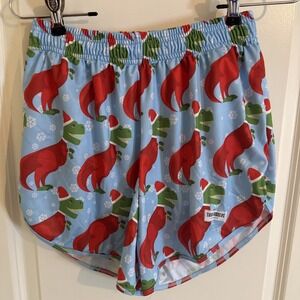 Thigh Huggers Men's Unisex Blue T Rex Santa Christmas Gym Shorts Medium Large